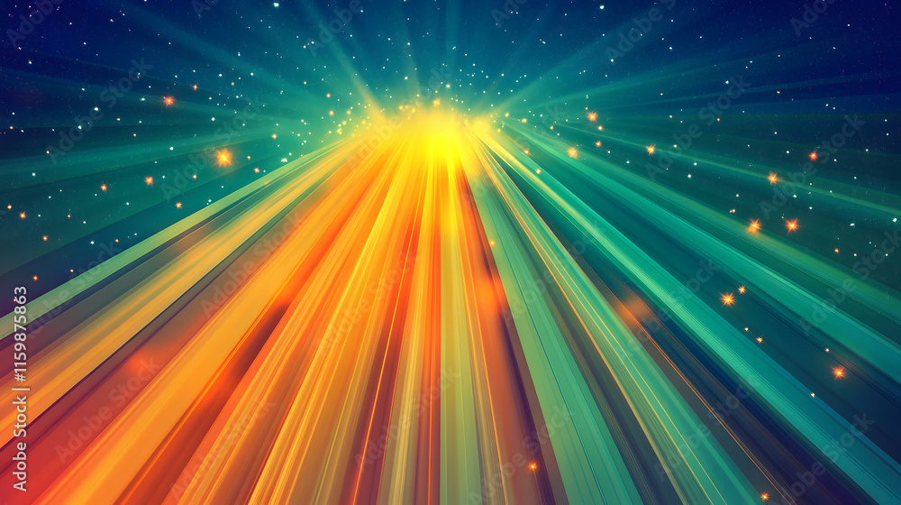 Poster abstract celestial scene of green and orange rays blending into a deep blue background with glowing 