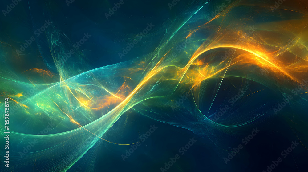 Poster abstract celestial scene of green and orange rays blending into a deep blue background with glowing 