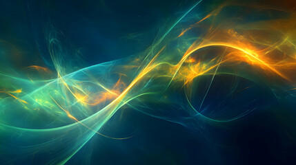 Abstract celestial scene of green and orange rays blending into a deep blue background with glowing nebula accents