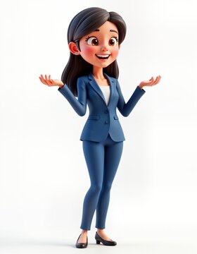 Cheerful cartoon businesswoman in blue suit stands on white background presenting with open hands. Smiling confidently. Animated graphic character, perfect for business presentations, educational