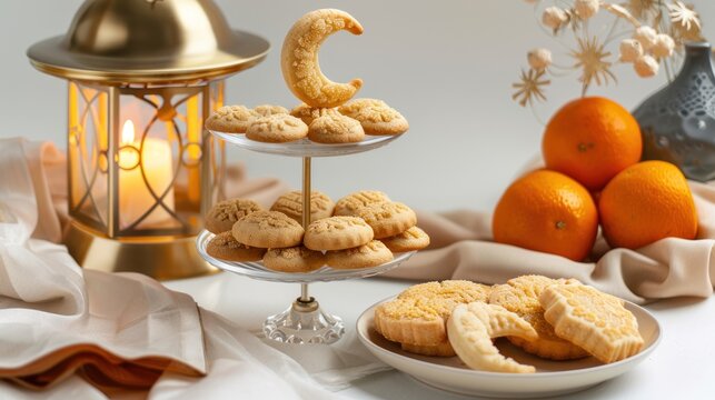 Eid cookies on tiered server with lantern, oranges, and fabric. - Powered by Adobe