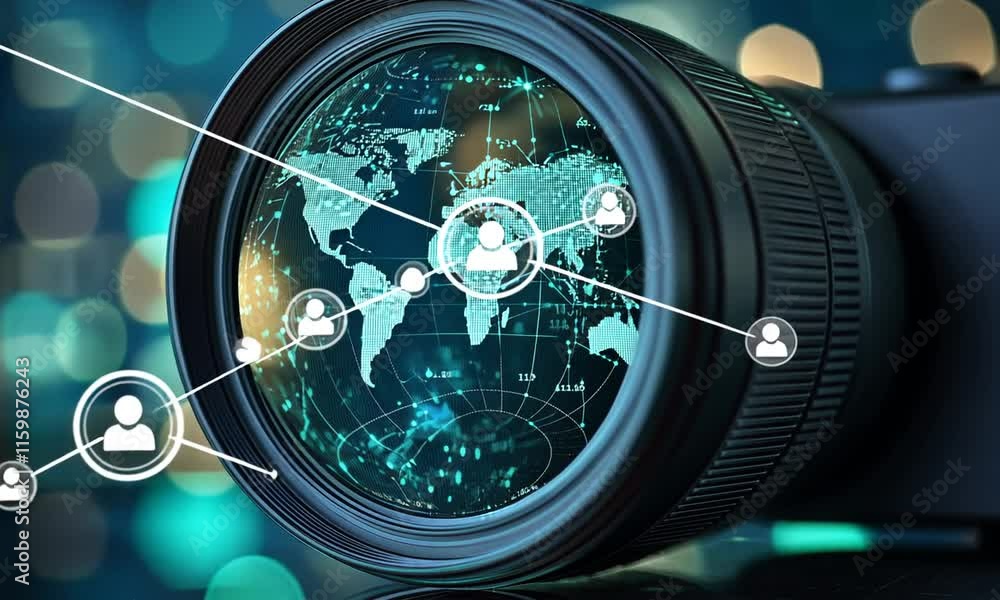 Poster a camera lens reflecting a digital world map with network connections.