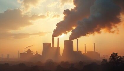Obraz premium Industrial plant releases thick smoke polluting air at sunrise. Dark smoke plumes rise from factory chimneys creating smog. Industrial pollution harms environment. Urgent action needed for