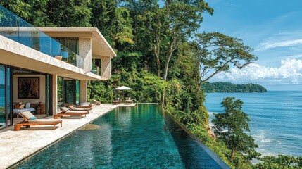 Obraz premium Luxurious villa with an infinity pool overlooking the ocean and lush greenery.