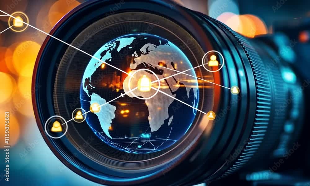 Aufkleber a camera lens reflecting a digital globe with interconnected networks.