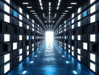 Fototapeta premium Futuristic illuminated corridor with sleek black and blue walls, modern geometric patterns, and glowing lights creating a high-tech ambiance, perfect for technology, innovation, and virtual reality th