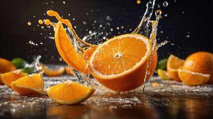 Fresh oranges splashing in water, showcasing vibrant colors and textures.