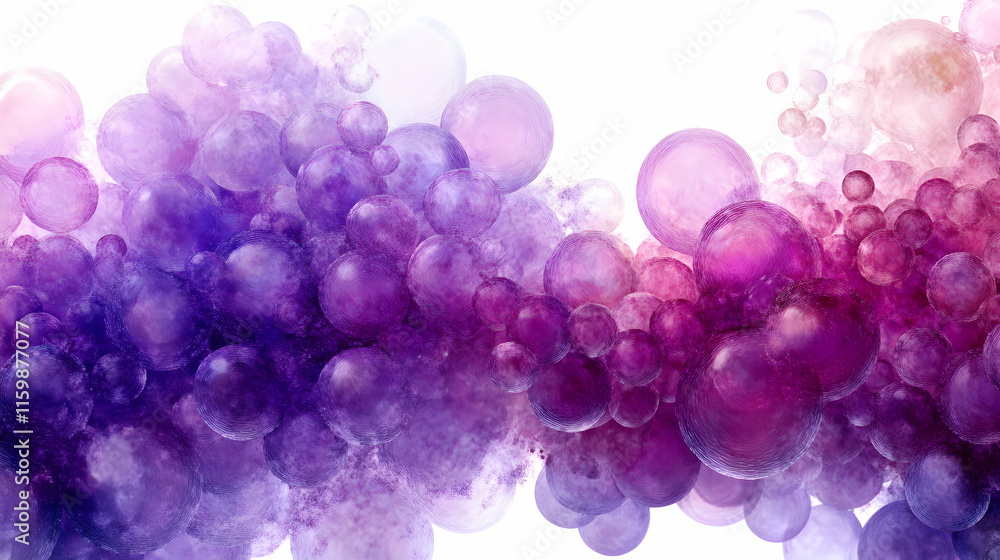 Wall mural abstract design of vibrant purple clusters over a soft white background with glowing nebula effects 