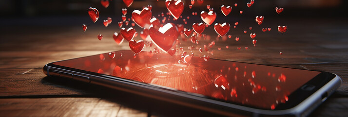Banner with Online dating concept with smartphone and heart icons. relationship apps. find love, meaningful connections, social media likes and hearts