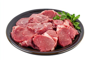 Raw pork neck sliced on plate isolated on white background, shabu, hot pot ingredients