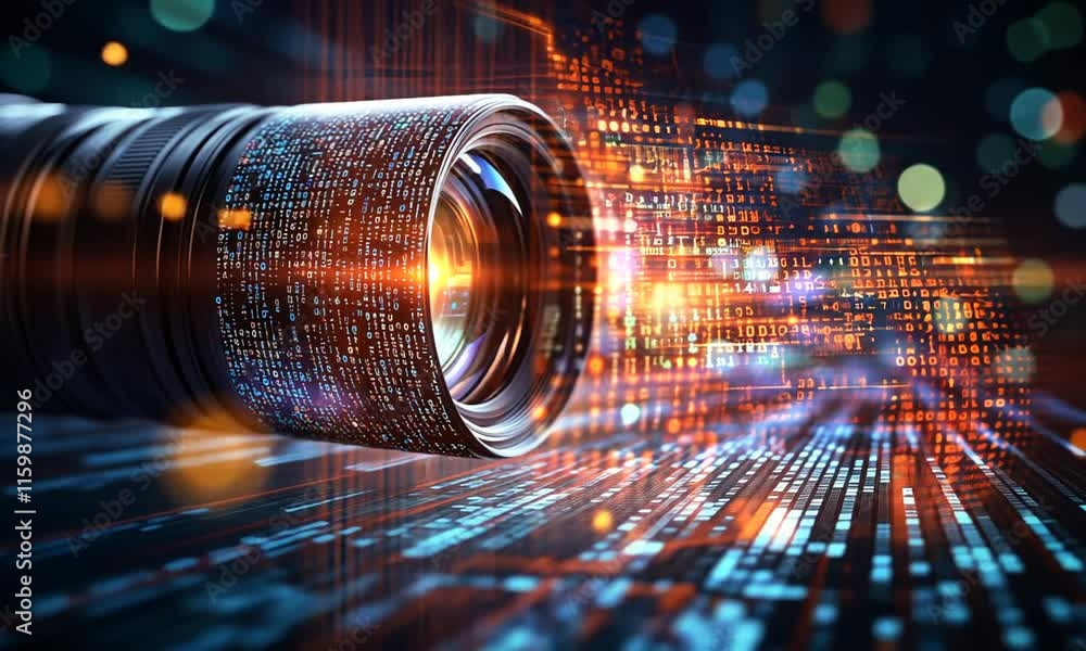 Poster a camera lens surrounded by digital data streams, symbolizing technology.