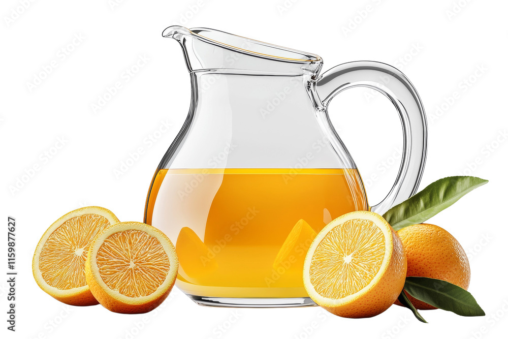 Poster a pitcher of orange juice with a few slices of oranges on the side