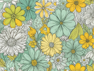 abstract Colorful Light Green, Yellow bright illustrationwith flowers in doodle style