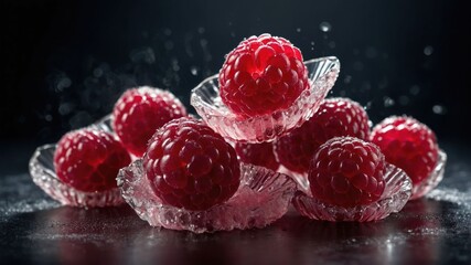 A close-up of fresh raspberries arranged in decorative glass dishes against a dark background.