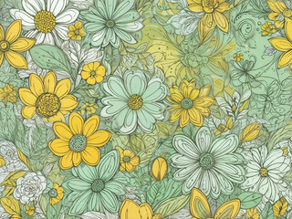 abstract Light Green, Yellow flower doodle bright illustration