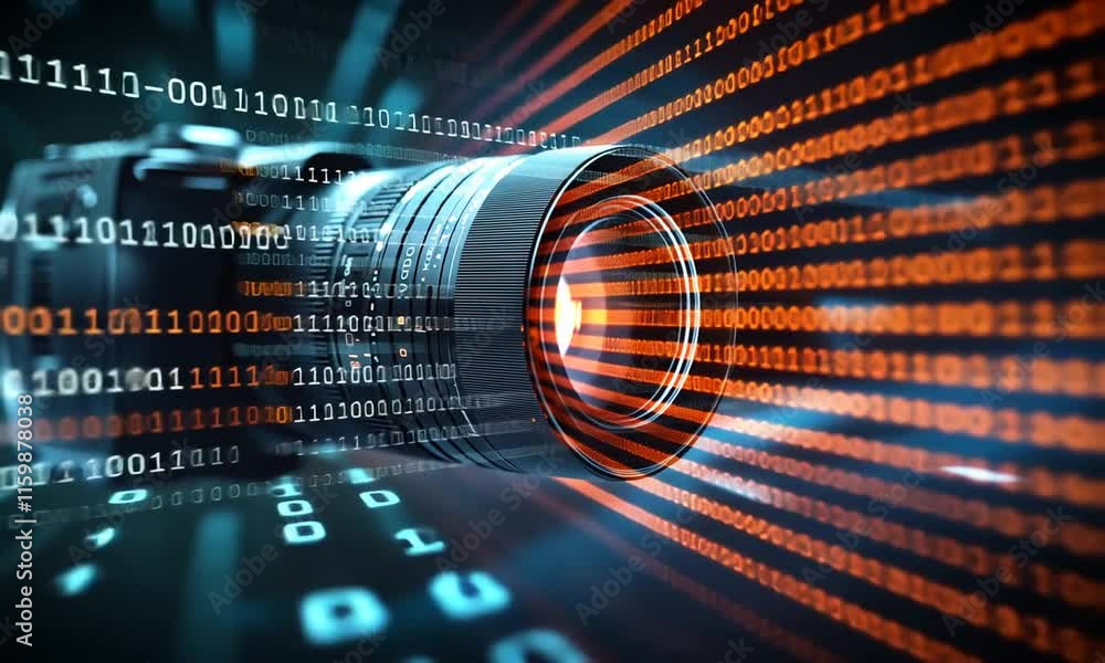 Poster a camera lens surrounded by flowing binary code, symbolizing digital photography.