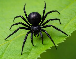 Fototapeta premium Black spider on a vibrant green leaf