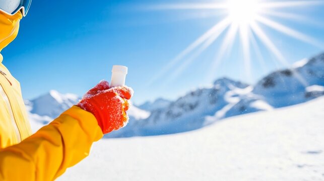 A person with SPF-protection, winter vacation, ski resort holidays, SPF cream in winter