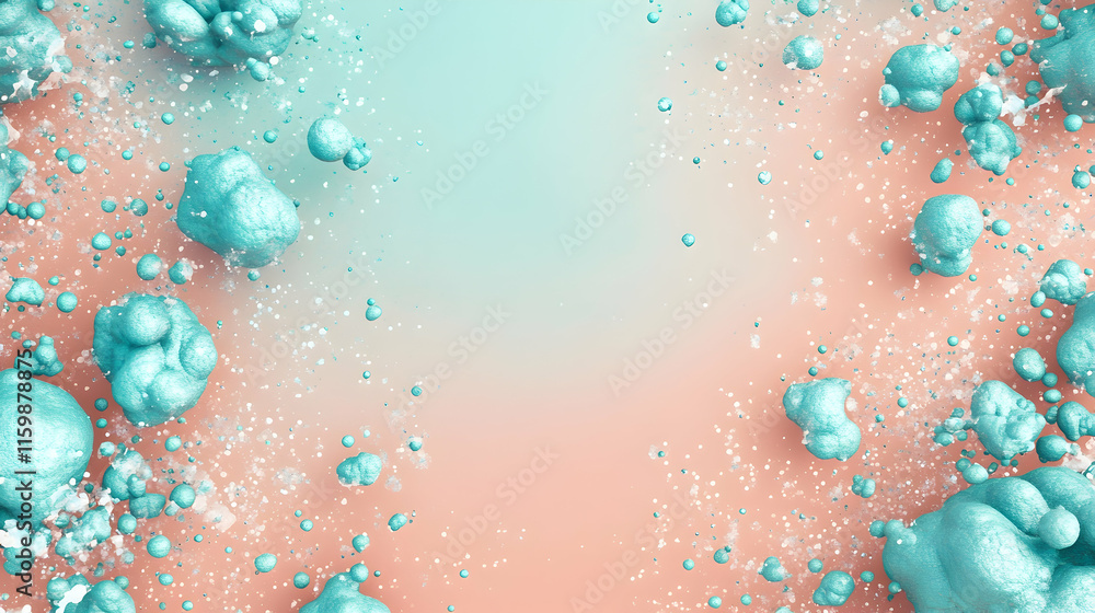 Poster abstract dreamy teal clusters scattered on a dusty coral background with glowing nebula patterns and