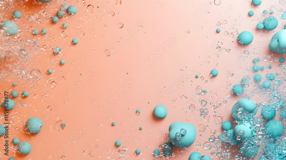 Poster Abstract dreamy teal clusters scattered on a dusty coral background with glowing nebula patterns and soft gradients