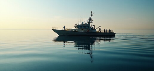 Research vessel at sea, calm water, sunrise.