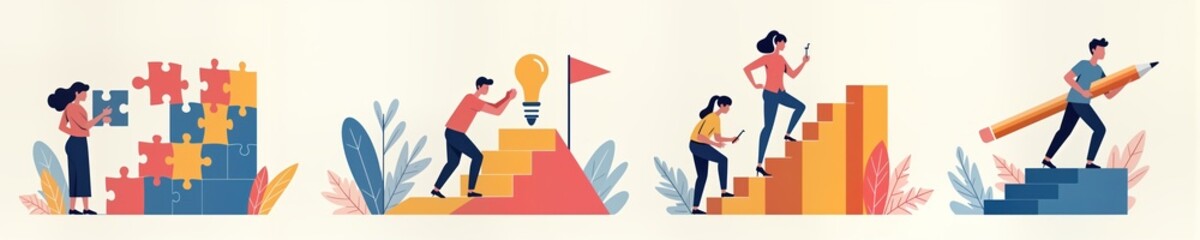 Fototapeta premium Motivated business people achieve career growth. Teamwork, individual ambition drive success. People climb stairs representing career advancement. Problem solving, planning strategies lead to