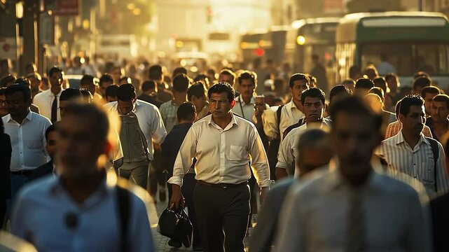 Indian businessmen walking in slow motion back lit by the sun during morning rush hour in Mumbai, India.