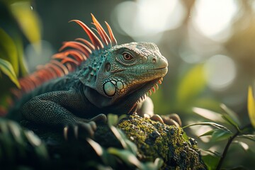 Obraz premium A 3D-rendered iguana basking on a rock with ultra-detailed scales and vibrant surroundings in a tropical jungle