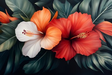 Obraz premium A bold illustration of a tropical hibiscus flower, with rich red and orange hues and lush green leaves
