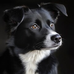 Alert black and white border collie with intense gaze