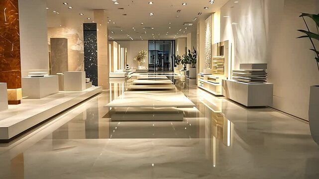 A slow motion walkthrough of a modern and luxurious tile showroom.