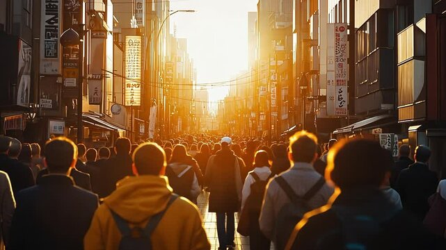 Tracking behind dense crowds of people walking towards buses in Hong Kong backlit by the sunrise during rush hour. in slow motion