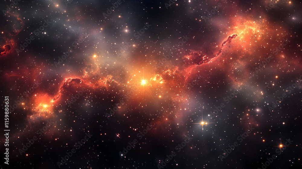 Poster abstract fusion of deep red and orange nebula patterns against a charcoal gray background with glowi