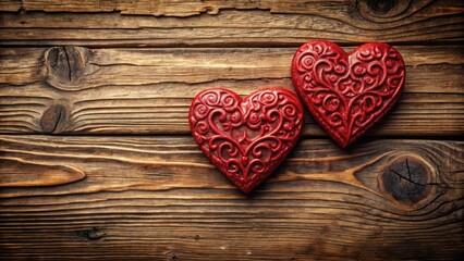 Fototapeta premium A close-up shot of two red hearts on a wooden background, with intricate carvings and textures , design , romantic, design