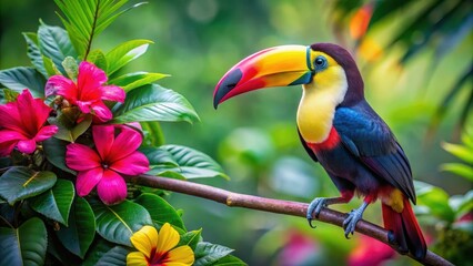 Colorful toucan perched on a bright pink hibiscus flower in a lush tropical garden , vibrant, bird,  vibrant, bird