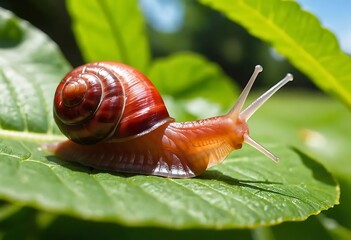 Snail Crawling On A Green Leaf In Sunlight