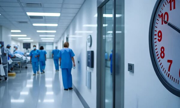 A clock in a hospital corridor, indicating the time in a clinical setting.