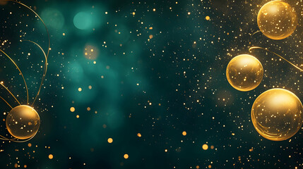 Abstract golden orbs scattered over a dark emerald background with glowing nebula details and fine cosmic energy trails