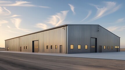 Fototapeta premium Modern industrial warehouse with a spacious design, featuring durable metal construction, large garage doors, and a clean exterior layout under a bright sky, perfect for storage, manufacturing, or log