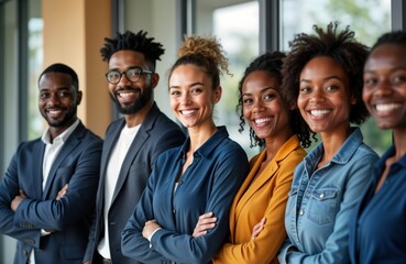 Successful diverse business team stands together. Confident professionals in modern office setting. Happy, proud people look directly at camera. Wearing formal business attire. Display teamwork,