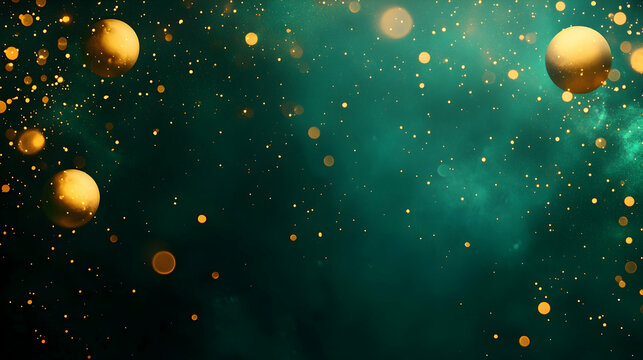 Abstract golden orbs scattered over a dark emerald background with glowing nebula details and fine cosmic energy trails - Powered by Adobe