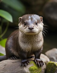 An Adorable Smooth Coated Otter Poses On A Rock