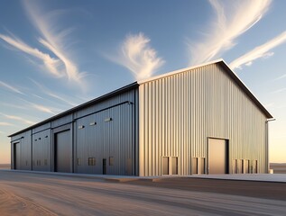 Modern industrial warehouse with a spacious design, featuring durable metal construction, large garage doors, and a clean exterior layout under a bright sky, perfect for storage, manufacturing, or log