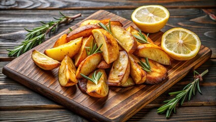 Crispy golden brown potato wedges arranged on a wooden cutting board with fresh rosemary sprigs and lemon wedges