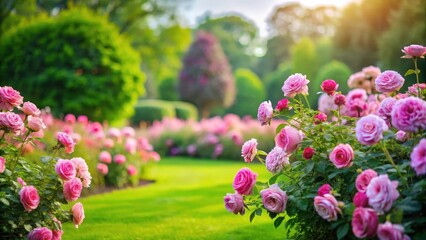 Obraz premium Rose garden with blooming pink flowers on a lush green grassy field , rose, colorful, rose, colorful, beautiful