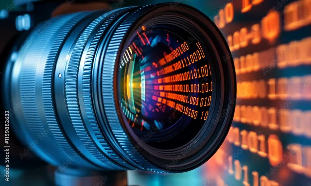 Poster a close-up of a camera lens with digital data in the background.