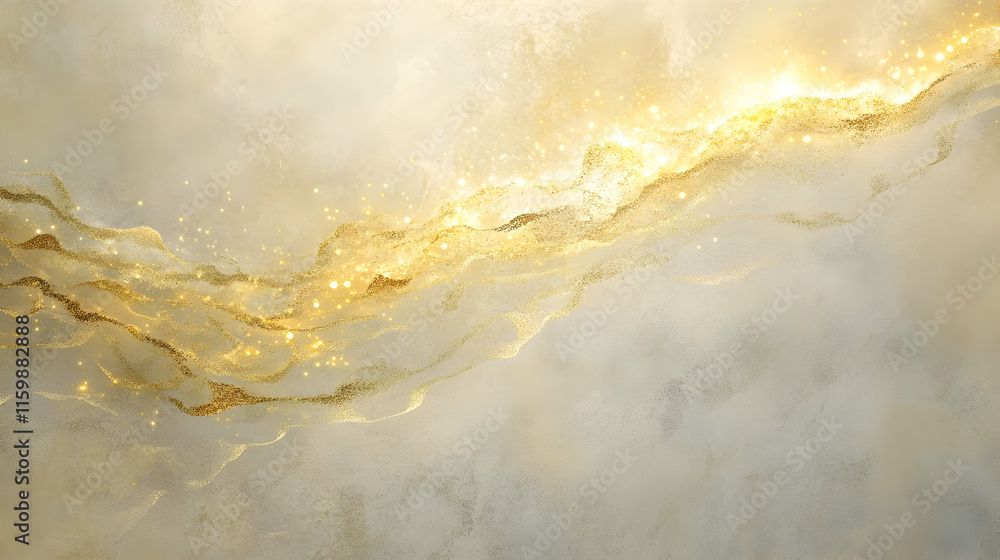 Poster abstract radiant gold rays flowing across a muted beige background with glowing nebula patterns and 
