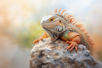 Fototapeta premium A delicate watercolor of an iguana basking on a rock, with soft green and brown hues blending into a serene background