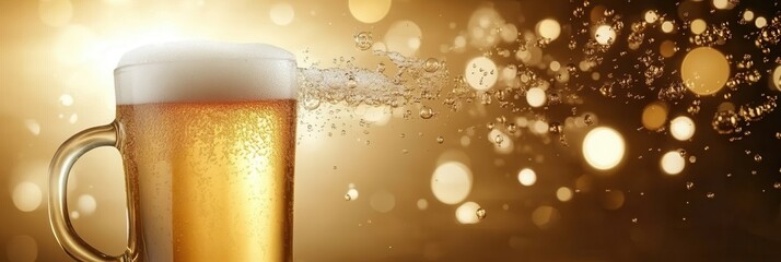 Golden beer with a white head in mug glass, bubbles all over background, panorama