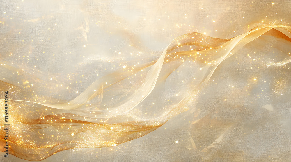 Poster abstract radiant gold rays flowing across a muted beige background with glowing nebula patterns and 